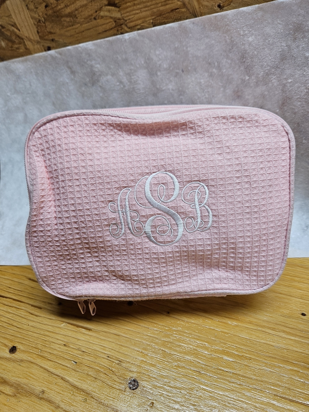 Personalized Pink Waffle Cosmetic Bag with Monogram